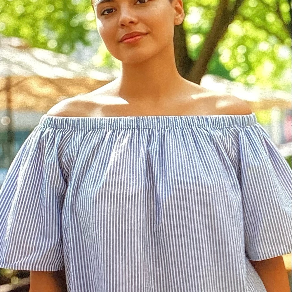Isaac Mizrahi Blue Striped Off-Shoulder Blouse